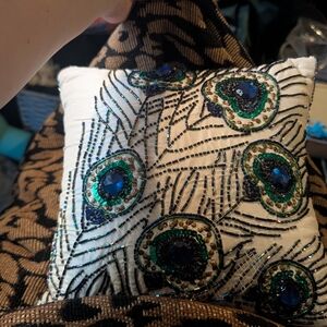 Embroidered Peacock Feather Accent Pillow